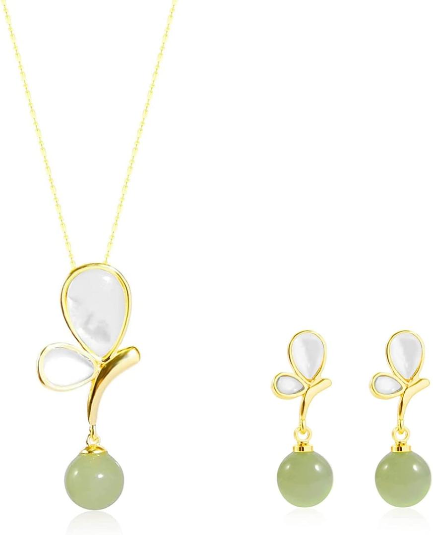 Natural Hetian Jade Necklace Earrings Ring for Women, Green Jade & White Butterfly Charm, Good Luck Gift for Friends, Mother, Lover Her