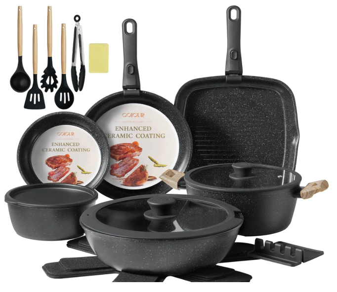 Coicur 23Pcs Ceramic Cookware Set Non Stick Pots and Pans Set Non Toxic with Detachable Handle Induction Kitchen Cookware Set Space Saving, Oven & Dishwasher Safe, Black