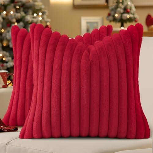 decorUhome Cozy Faux Fur Spring Throw Pillow Covers 16x16 Set of 2 Decorative Soft Plush Striped Modern Farmhouse Boho Couch Pillow Cases with Velvet Back for Sofa Bed Living Room, Red