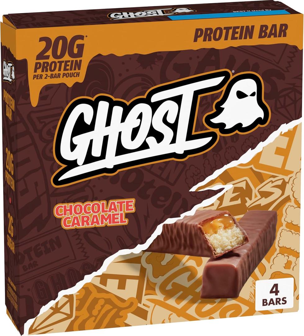 GHOST PROTEIN BAR, CHOCOLATE CARAMEL Flavor, 20G Protein, 2G Sugar, 4 Dual-Bar Packs, 9.2 oz (EXP 10/29/26)