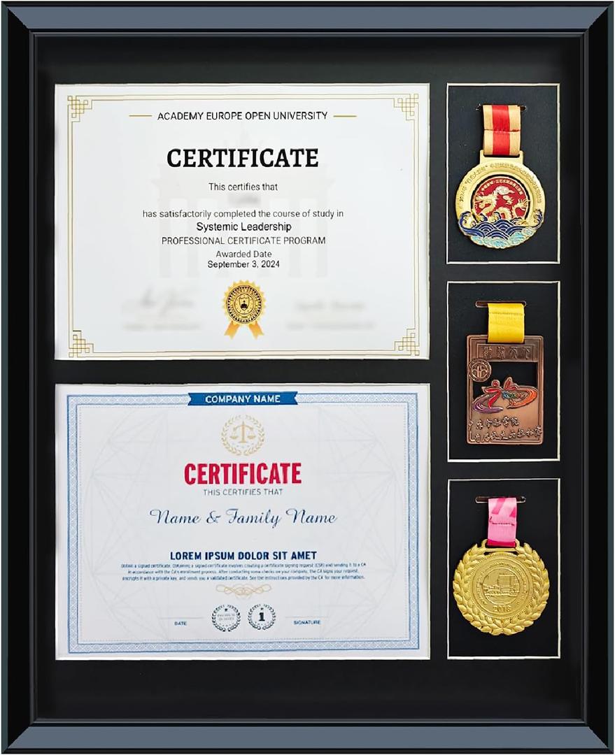 16.93X20.87 Solid Wood Double Diploma Display Frame,Graduate Certificate /Diploma Frame 8.5 x 11, 3 Medal Display Case,Real Glass,Tabletop and Wall Display,Can Hold 2pcs certificates and 3 pcs Medals