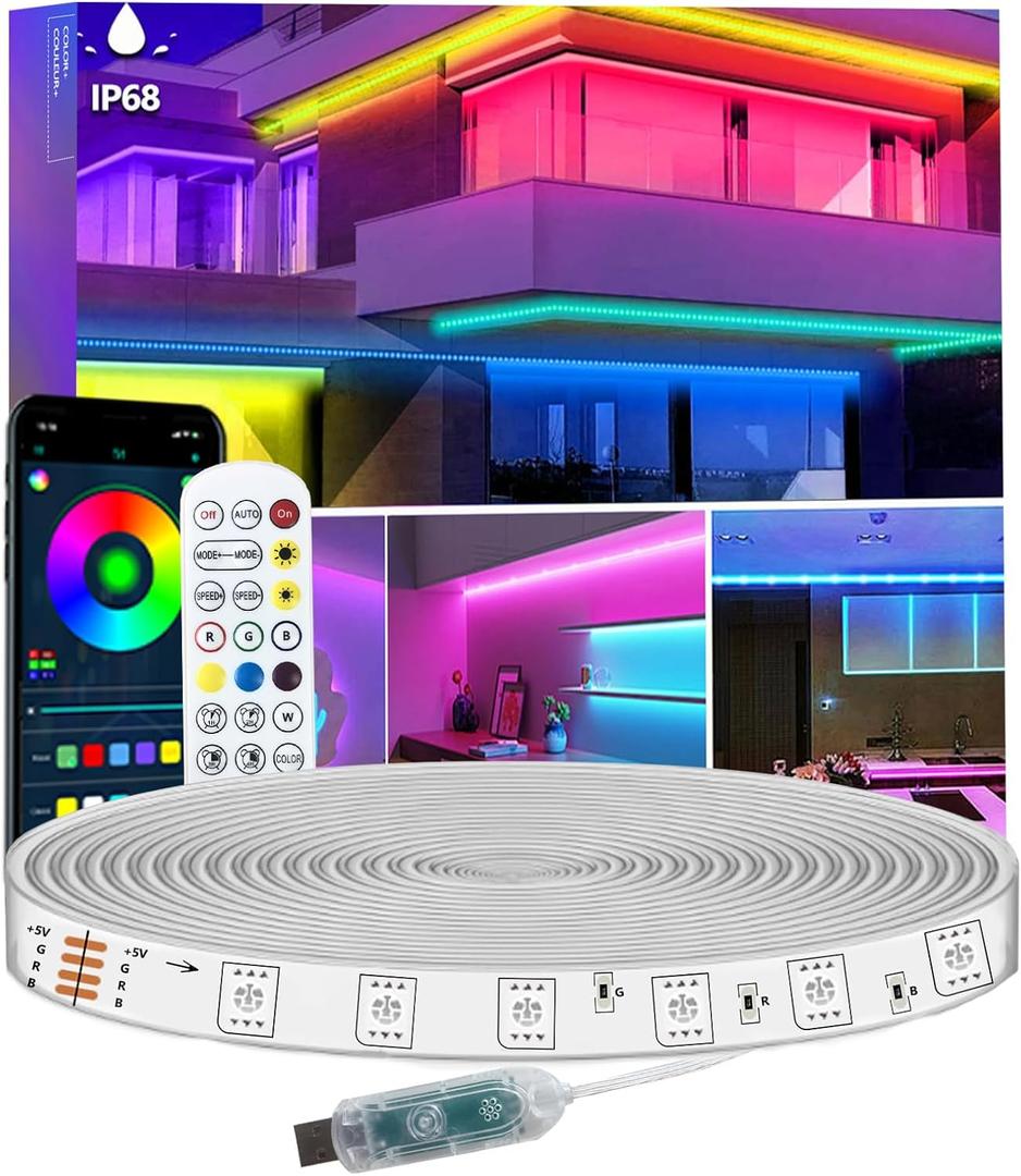 16.4FT LED Strip Lights IP68 Outdoor Waterproof, 5V USB Powered, Music Sync Bluetooth APP/RF Remote Control Lights for Balcony, Deck, Camping, Garden, Bedroom Decor