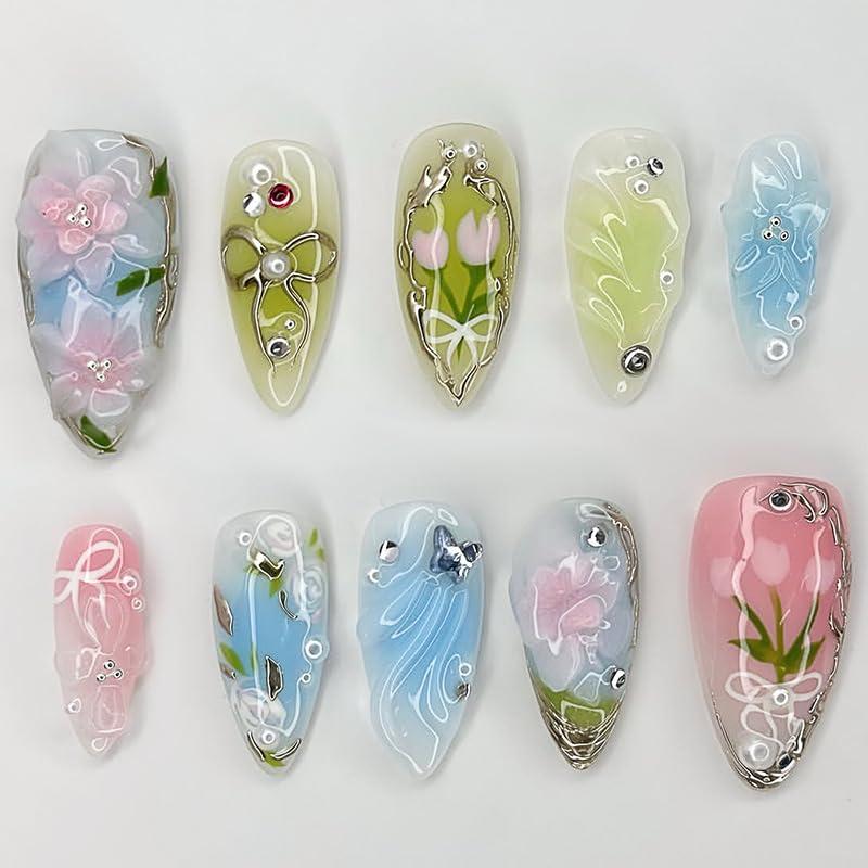 30Pcs Spring Summer Press on Nails Medium Almond Fake Nails 3D Flower False Nails with Butterfly Pearl Nails Designs Cute Floral Silver Bow Acrylic Nails Green Leaves Floral Stick on Nails for Women (style07)
