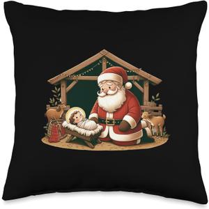 Christmas Design Kneeling Santa Claus With Baby Jesus Throw Pillow (16x16)