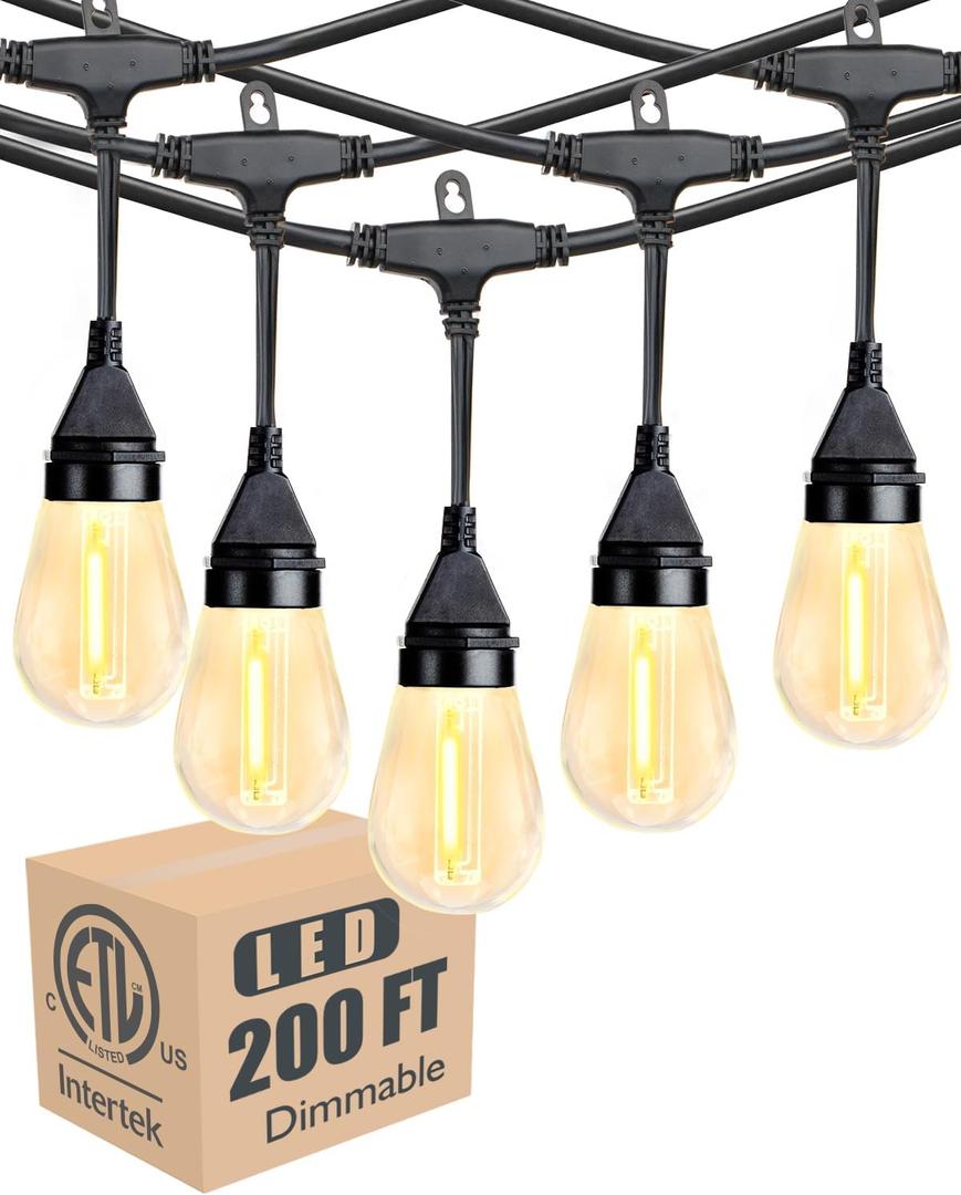 Lightdot 200FT Outdoor String Lights, LED Bistro String Lights with Shatterproof S14 Vintage Bulbs, 2200K Dimmable, Waterproof Hanging Lights for Porch, Deck, Garden, Backyard, Balcony - ETL Listed