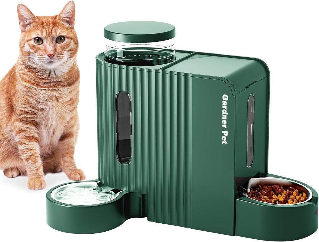 Gardner Pet Automatic Gravity Cat Food Feeder and Water Dispenser Stainless Steel Two-in-One Set Large Capacity Dispenser for Pets Dogs, Puppies, Kittens-(0.8 Gallons x 2) (Green)