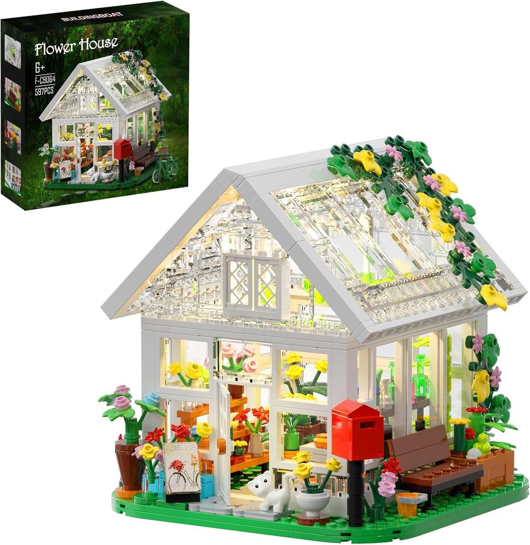 Flower House Building Set, Creative Garden Playset Toy with LED Light, Build a Greenhouse Model, Great Gift for Friends or Girls (597 Pieces)