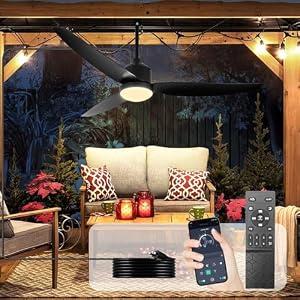 Depuley Outdoor Ceiling Fan with Light: 52 Inch Gazebo Fan Outdoor Hanging - Plug in Waterproof Fans with Lights for Patio - Dimmable Remote App Control Black