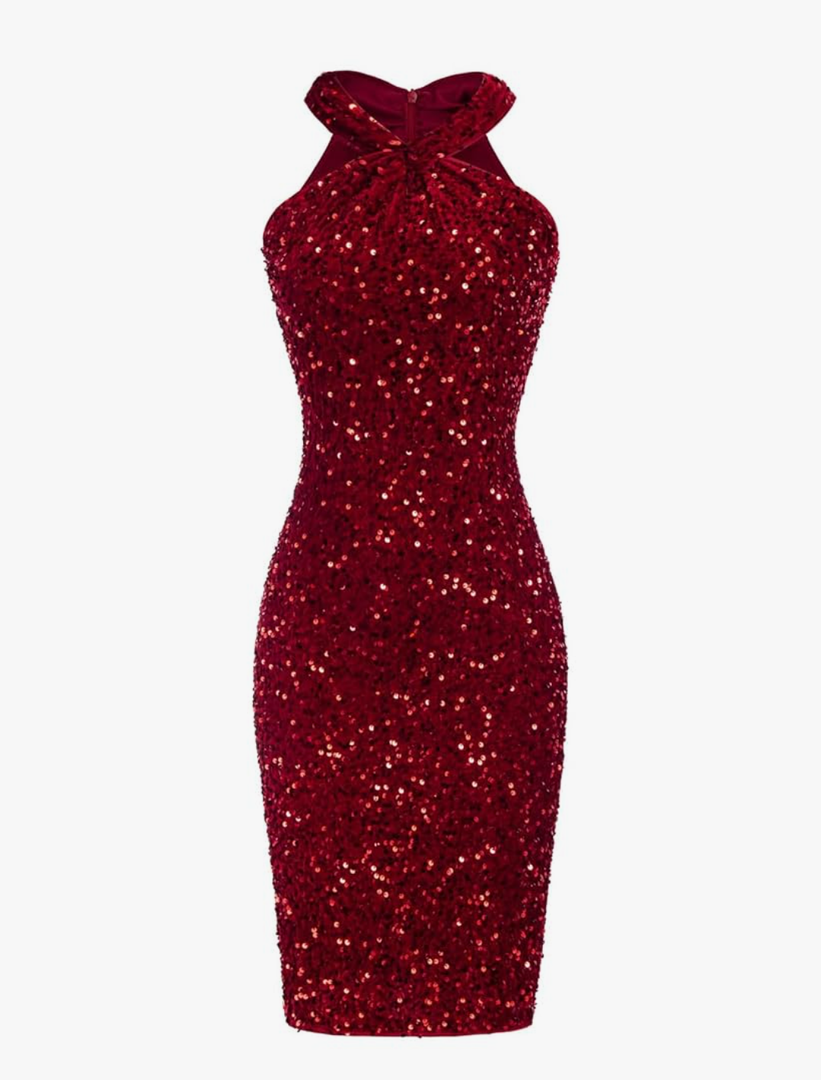 GRACE KARIN Sequin Dress for Women Sleeveless Sparkly Glitter Halter Dress Bodycon Mini Club Dresses 2025, S