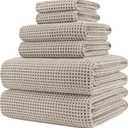 POLYTE Oversize, 60 x 30 in., Quick Dry Lint Free Microfiber Bath Towel Set, 6 Piece (Beige, Waffle Weave)