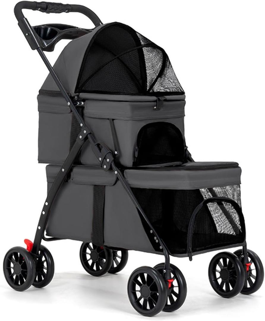 Double Dog Stroller for Medium Small Dogs and Cats Load-Bearing Up to 50lbs, Durable 360 Universal Wheels Lightweight One Hand Foldale Kittens Puppies Travel Stroller Cart(Double)