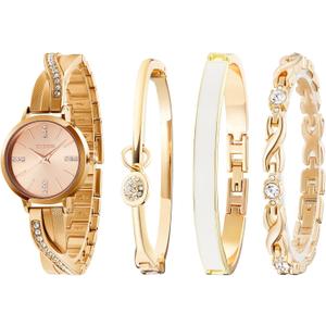 Women's Bangle Watch and Gold Watch Chain Bracelets Premium Crystal Accented Bracelet Set W50888L