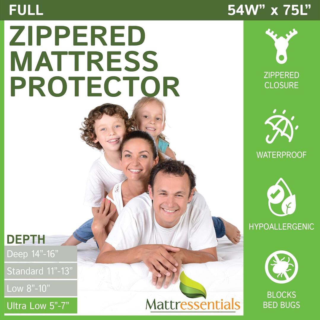 Zippered Full Mattress Protector (5"-7" Depth) - Bed Bug Waterproof Mattress Cover, Premium Quality Hypoallergenic Encasement White