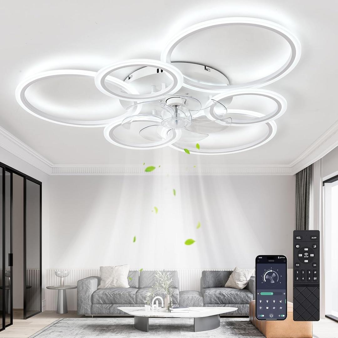 Ceiling Fans with Lights and Remote,39.9in Modern Low Profile Ceiling Fan with Light Dimmable LED 85W,6800LM Ceiling Fan,Mute 6 Speeds Flush Mount Ceiling Fans for Bedroom Livingroom, White, 100cm/A