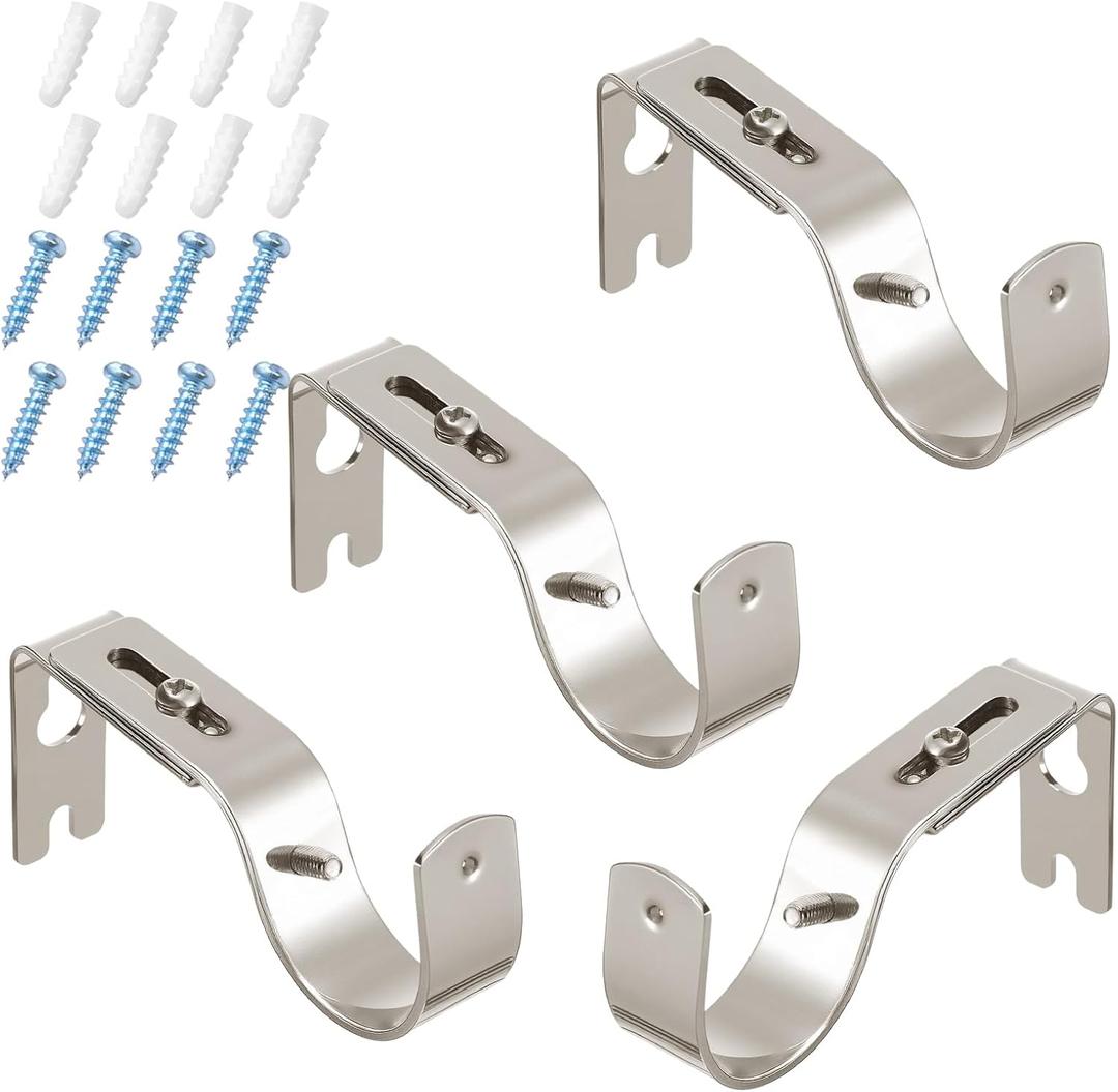 Frienda 4 Pcs Brushed Silver Curtain Rod Support Brackets Adjustable Curtain Rod Hangers for 1 Inch Diameter General Hardware Holders Wall Bracket Hanger Hooks with Screws