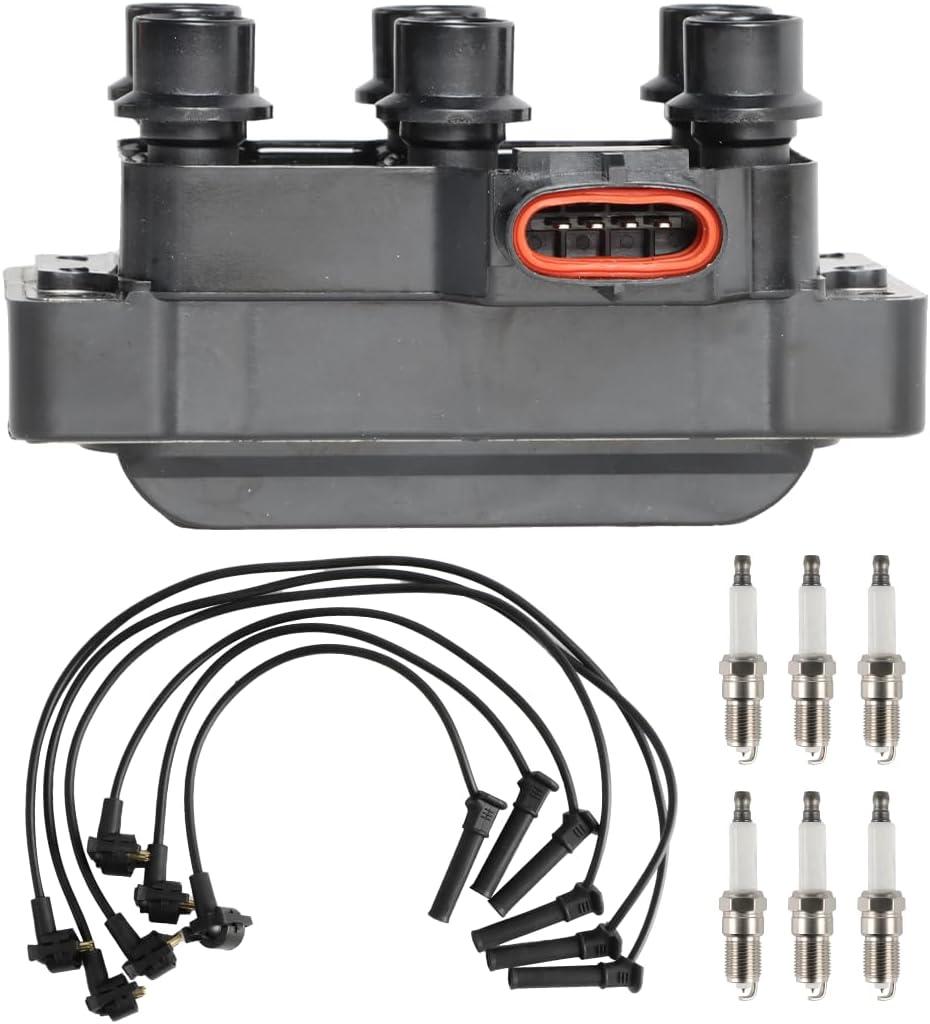 Set of 1 Ignition Coil Pack and 6 Spark Plugs with Wire Set Compatible with Ford Mustang Ranger 4.0L V6 2001-2011 Replacement for FD480 FD490 26686 DG452, DG-452, DG455, DG-455