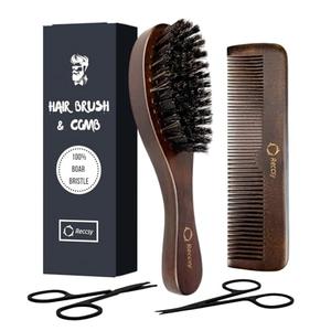 Hair Brush And Comb Set For Men-Boar Bristle Hair Brush,Beard & Wave Brush,Fine Tooth and Wide Tooth Wooden Beard Comb,Facial Grooming Scissors for Eyebrow, Nose Hair, Mustache 6Pcs