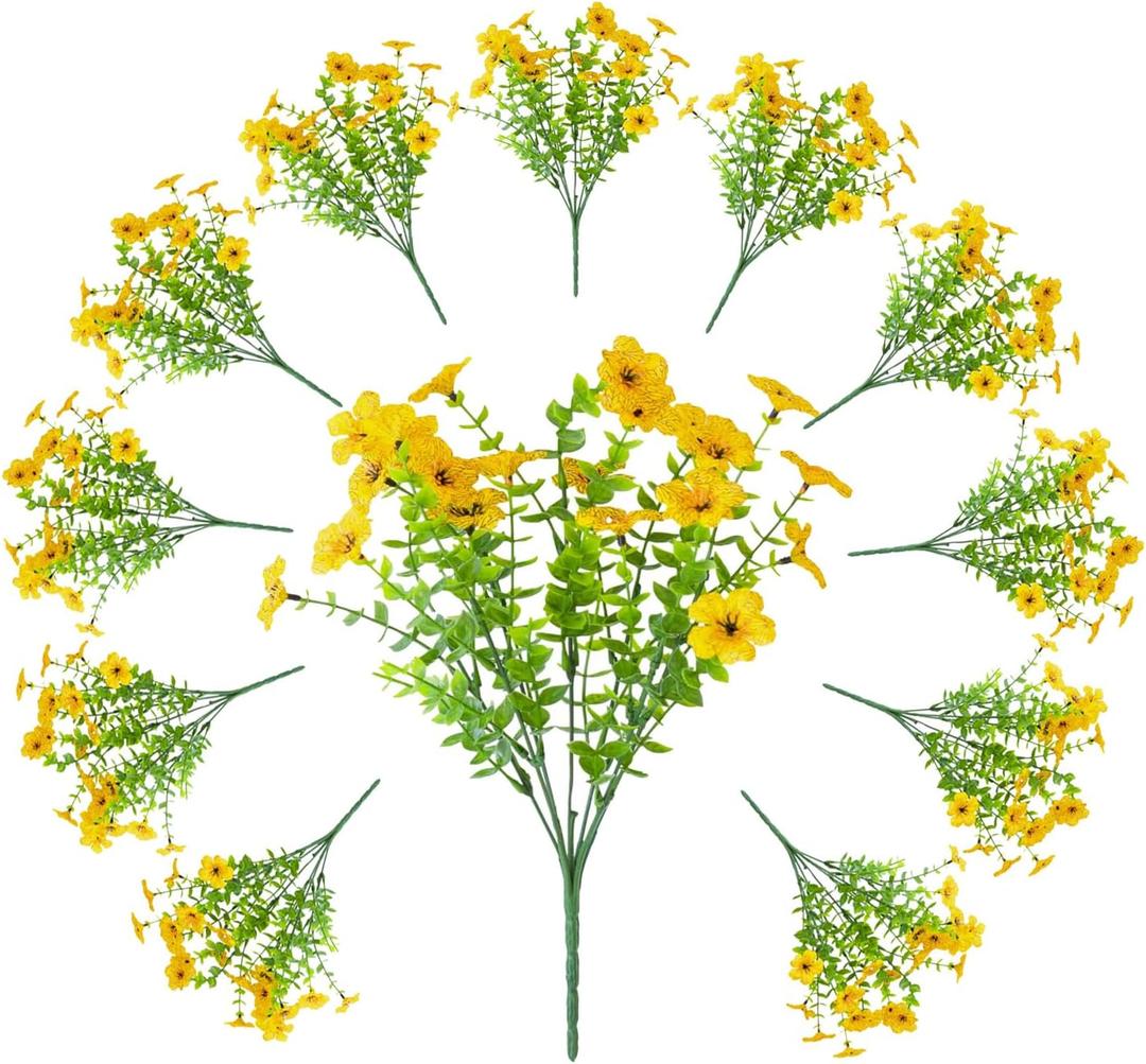 12 Bundles of Yellow Outdoor Fake Flowers, UV-Resistant Silk Fake Flowers, Perfect for Garden/Porch/Patio/Window planters, Everlasting Beauty Year-Round Without Fading