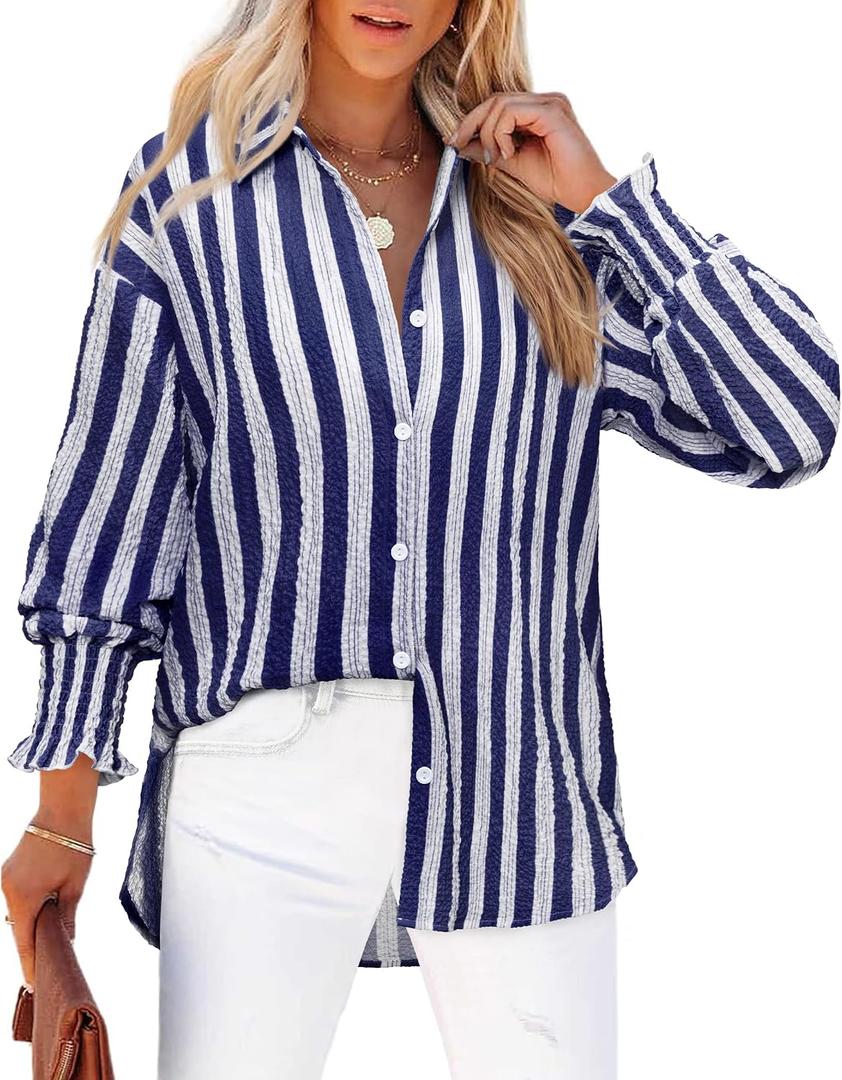 Gleeivy Womens Smocked Cuffed Striped Boyfriend Shirt Casual Collar Long Sleeve Oversized Button Down Blouse Tops (XL)