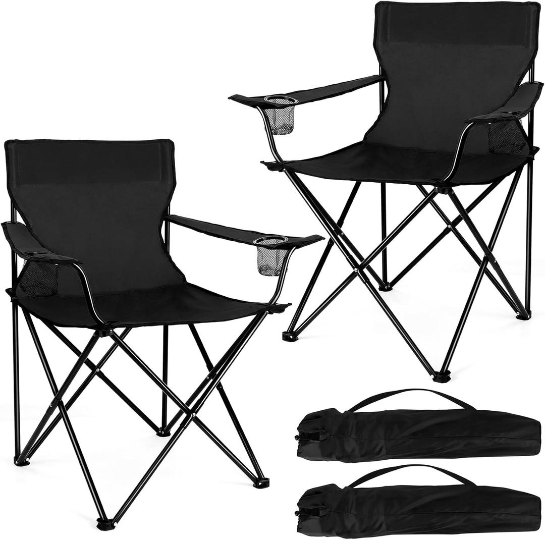 Joyfair Portable Camping Chair, Outdoor Lawn Folding Chairs for Adults, Heavy Duty Large Foldable Chairs for Beach, Fishing, Tailgating Outdoor Sport, 2 Cup Holders & Carry Bag (Black), 22.5X14X92