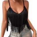 Women's Sleeveless Fringe Camisole Tops V Neck Spaghetti Strap Summer Cami Shirts (Large, Black)