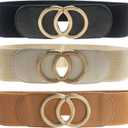 Swtddy 3 Pack Womens Vintage Wide Elastic Stretch Waist Belt For Dresses (Golden O Design Black+beige+camel)