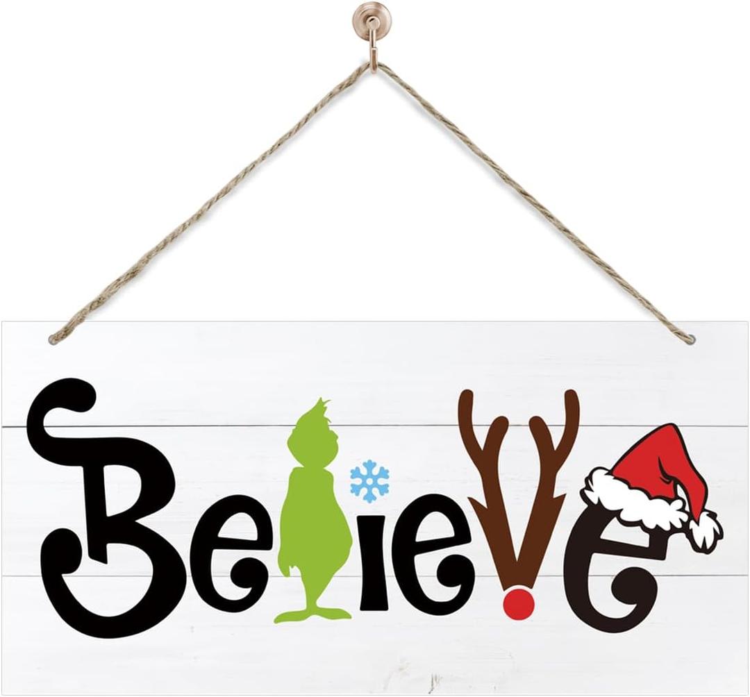 Believe Christmas Sign, Cartoon Characters Pattern Winter Home Wooden Hanging Decor, Indoor Christmas Wood Wall Hanging Sign for Living Room Bedroom Decor 7 x 14 Inches