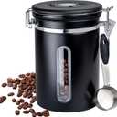 22oz Black Airtight Coffee Canister with Window  Stainless Steel Food Storage Jar with Date Tracker, BPA-Free Silicone Seal & Scoop  For Coffee Beans, Grounds, Tea, Oats, Nuts