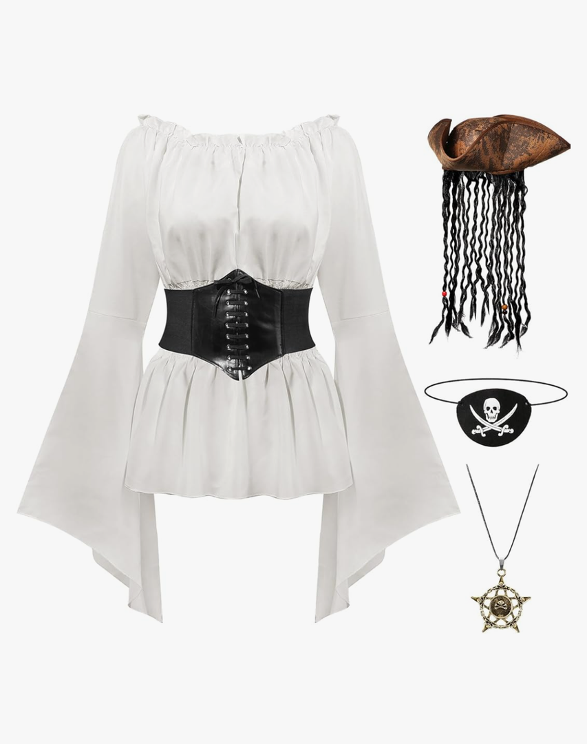 JenPen 5 Pcs Women Pirate Costume Renaissance Tops Corset Belt Pirate Hat Necklace Eye Patch for Medieval Halloween Cosplay M