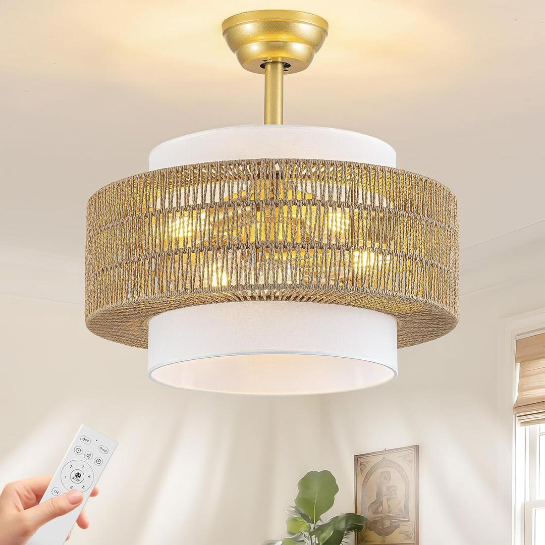 Boho Rattan Caged Fandelier Ceiling Fan with Light and Remote Control, Enclosed Low Profile Flush Mount Fan, 6-Speed, 1/2/4h Timer for Bedroom, Living Room, Kitchen