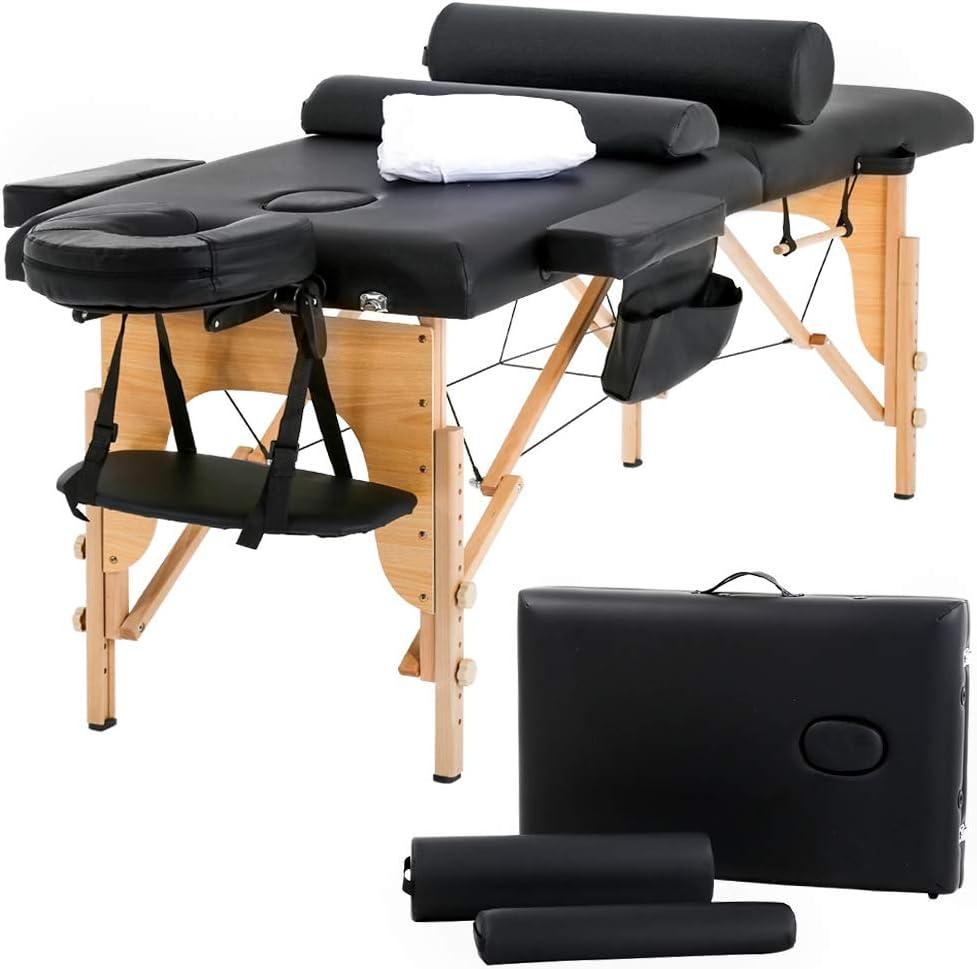 BestMassage Massage Bed Portable Massage Table 24 inch Wide Lash Bed Height Adjustable 2 Folding Spa Table with Towel Hanger Oil Pouch Half Bolster Round Bolster Non-Woven Bag (Black)