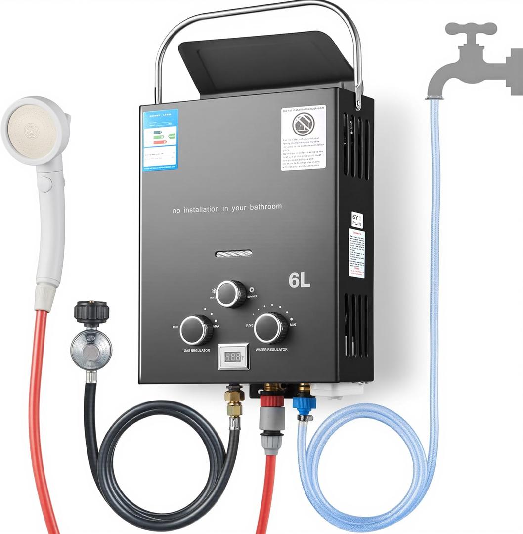 Portable Propane Water Heater Tankless, 1.58 GPM 6L Outdoor Gas Propane Water Heater, Instant On Demand Hot Water with Handle for RV, Camping, Barns, Boat Cabins