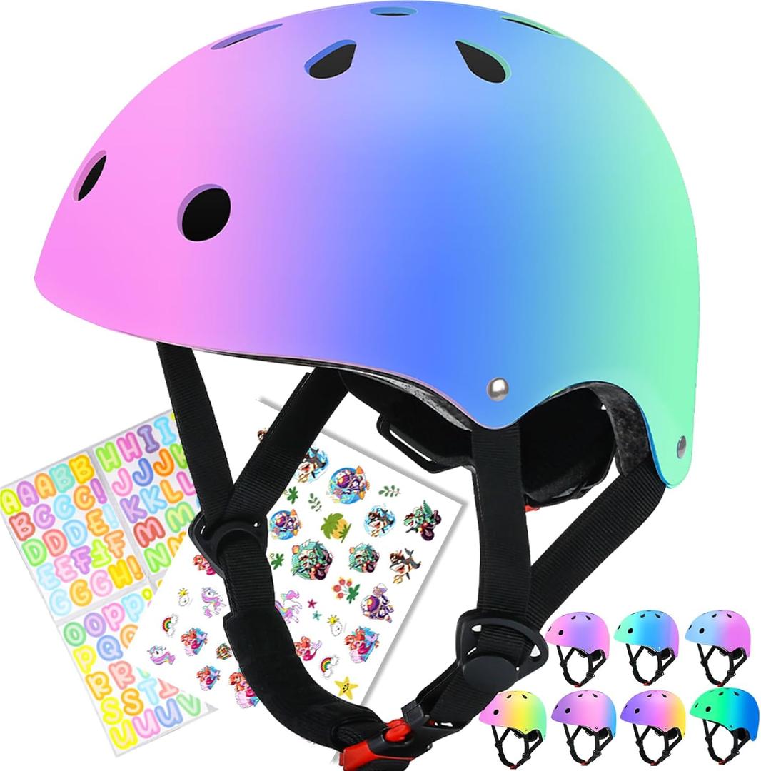 Color Gradient Adjustable Kids Bike Helmet Toddler Skateboard Helmets Boys Girls Child Ventilation Helmet for Multi-Sports Skating Cycling Scooter Balance (Small: 20.1"-21.2" (51-54 cm), Pink-Blue-Green)