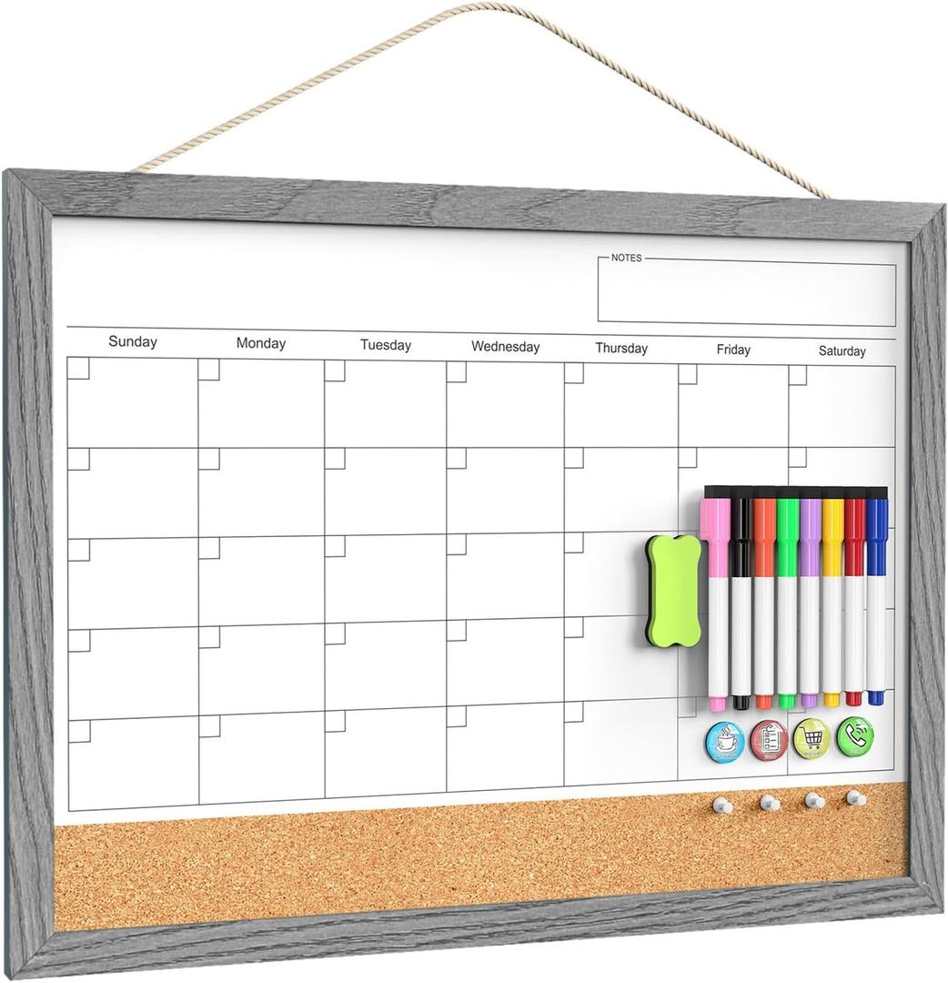 Calendar Whiteboard for Wall, 18x24 Inches Dry Erase Calendar Cork Board Combo, Magnetic Monthly White Board with Wood Framed, Hanging Dry Erase Board for Home Kitchen Office Planner Memo (Gray washed)