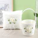 Rose Lace Flower Pocket Ring Bearer Pillow Cushion and Flower Girl Basket Set for Romantic Wedding Ceremony Party Decor (A)