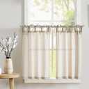 jinchan Tie Top Linen Kitchen Curtains 24 Inches Striped Tier Curtains Farmhouse Modern Cafe Style Small Window Treatments Airy Light Filtering Rod Pocket for Living Room Bathroom 2 Panels Tan