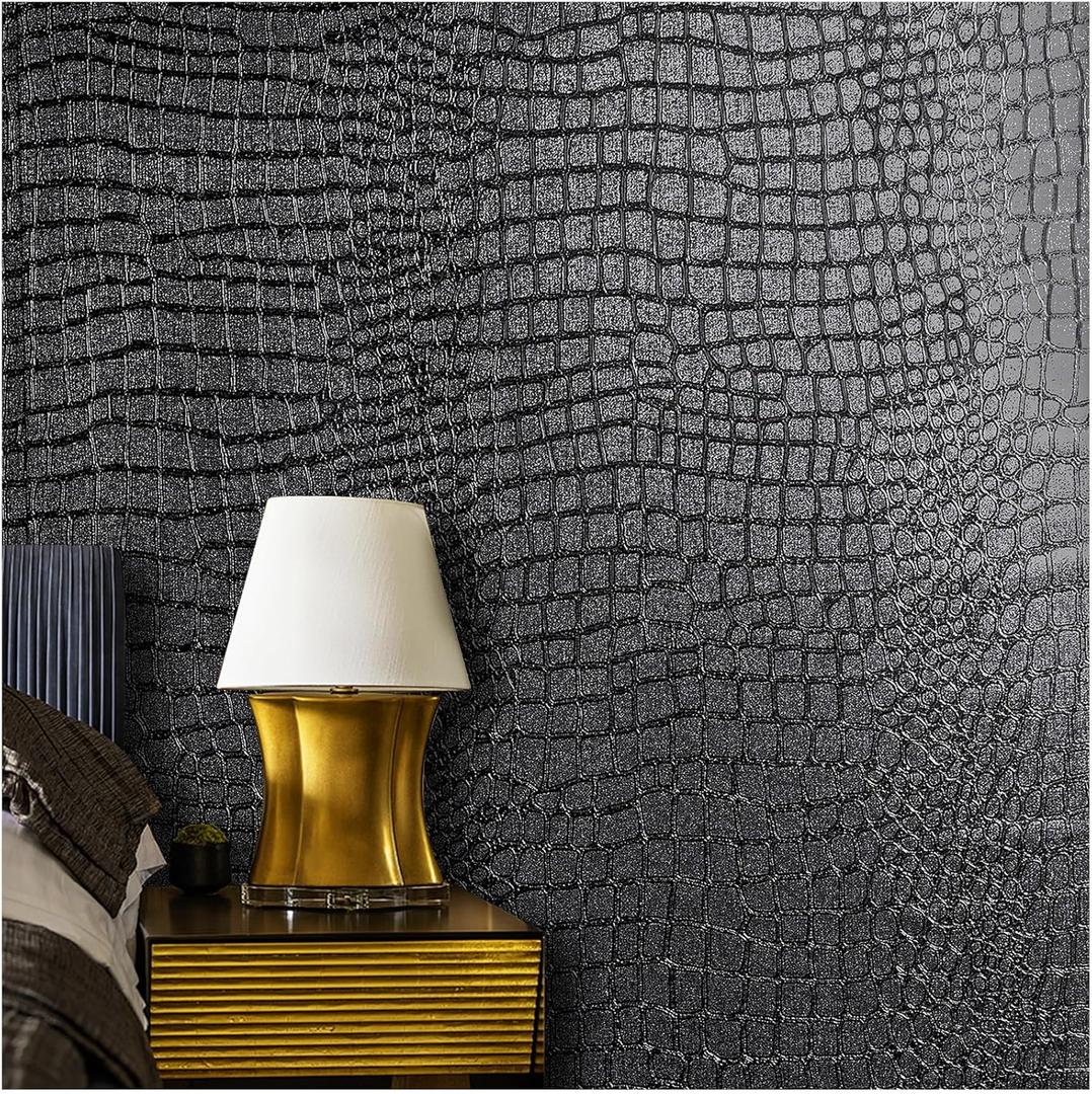 Kimhan Black Peel and Stick Wallpaper Removable Crocodile Embossed Textured Wallpaper for Cabinet and Bedroom - 15.7" X 393"