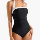SUUKSESS Women Sexy Tummy Control One Piece Swimsuit Halter Retro Bathing Suit S/M