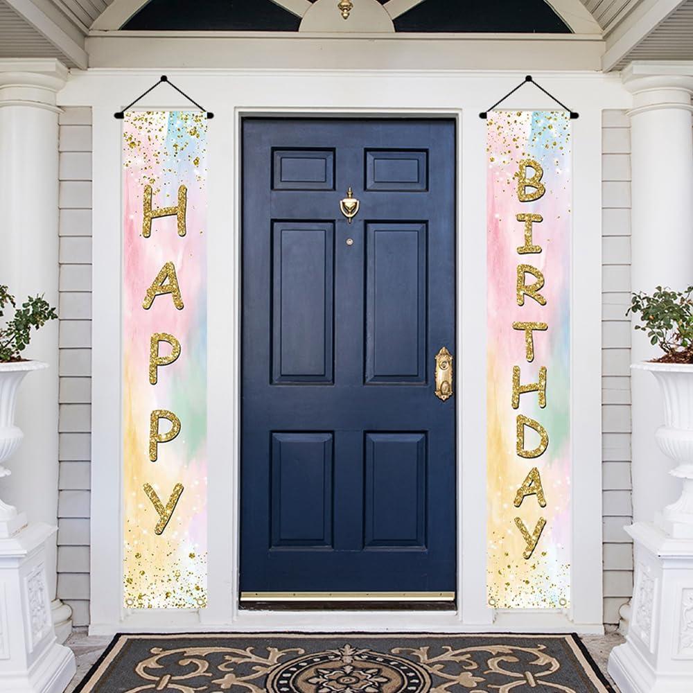 Aperturee Happy Birthday Porch Banner 12x72 Inch Decorations,Pink Pastel Rainbow Cloud Porch Sign Glitter Gold Dots Sweet 16 18th 21st Bday Door Banners for Girls Women Photo Booth Studio