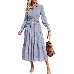 Dowerme Women's Casual Dresses 2025 Fall Fashion Long Sleeve Button Up Floral Print Belted Tiered Boho Maxi Party Dress (Blue, XXL)