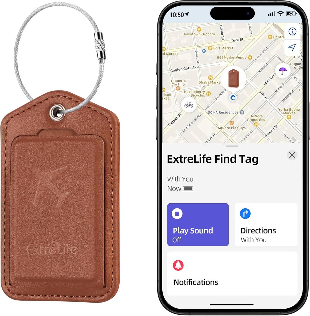 Luggage Tags, Works with Apple Find My, Smart Luggage Tag for Suitcases, Leather Bag Tags for Travel, Suitcase Tag with Privacy Flap, Anti-Lost Luggage Tracker, Travel Essentials, Rechargeable, Brown