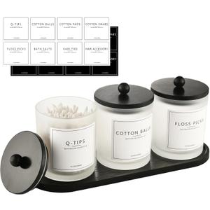 3 Pack Qtip Holder Bathroom Set, Cotton Ball Swab Pad Holder Cotton Round Floss Pick Dispenser with Tray, Glass Apothecary Jars with Lids, Bathroom Organizers and Storage Canisters-Frosted White