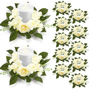 Jutom 12 Pcs Wedding Rose Candle Rings Artificial Floral Wreaths with Green Leaves Flower Candle Rings Candleholders Garland for Pillar Centerpiece Party Table Decor, 3.94'' Inner Diameter, White