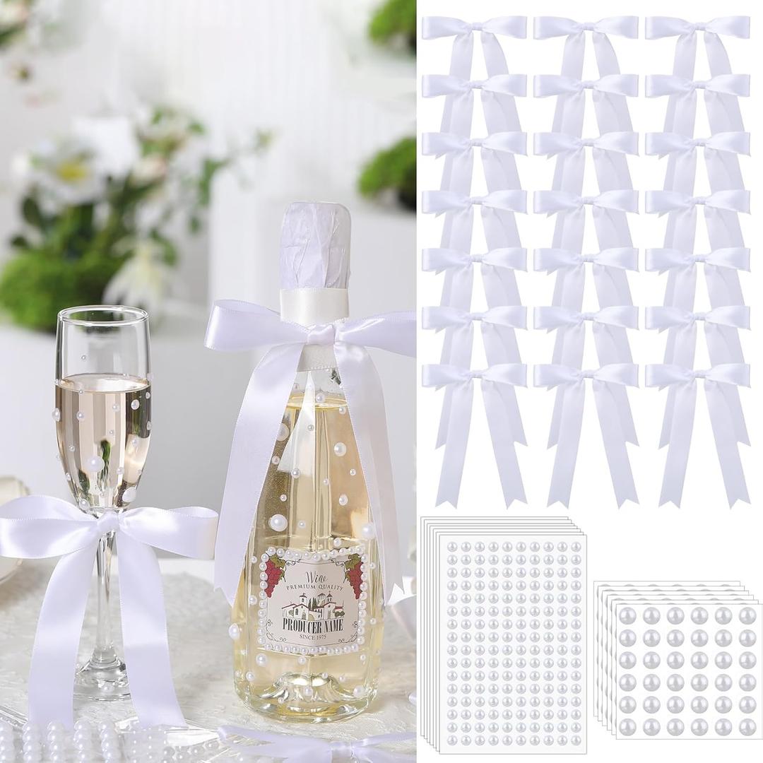 Suncalla 44 Pcs Pearls and Prosecco Bridal Shower Decorations 24 Wedding Champagne Bottle Bows with 20 Pearl Stickers Bottle Wraps for Bridal Shower Bachelorette Engagement Party Decor Wedding Gifts