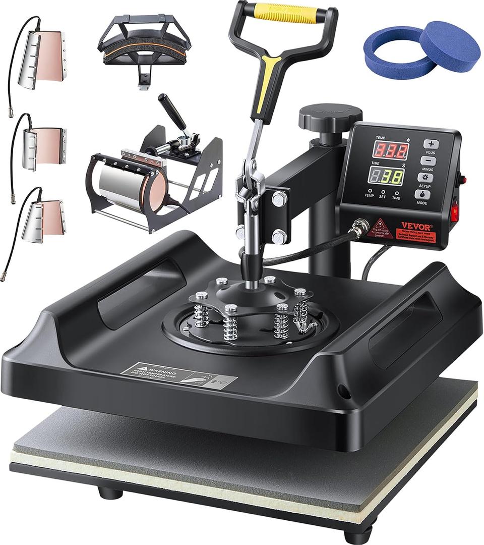 VEVOR Heat Press Machine 8 in 1 Combo T Shirt Printing Machine 15x15 Black | Multifunction Transfer Machine Sublimation for Caps Mugs Plates Aluminum Pots 360° Swing Away Design Dual-tube Heating 1150 W