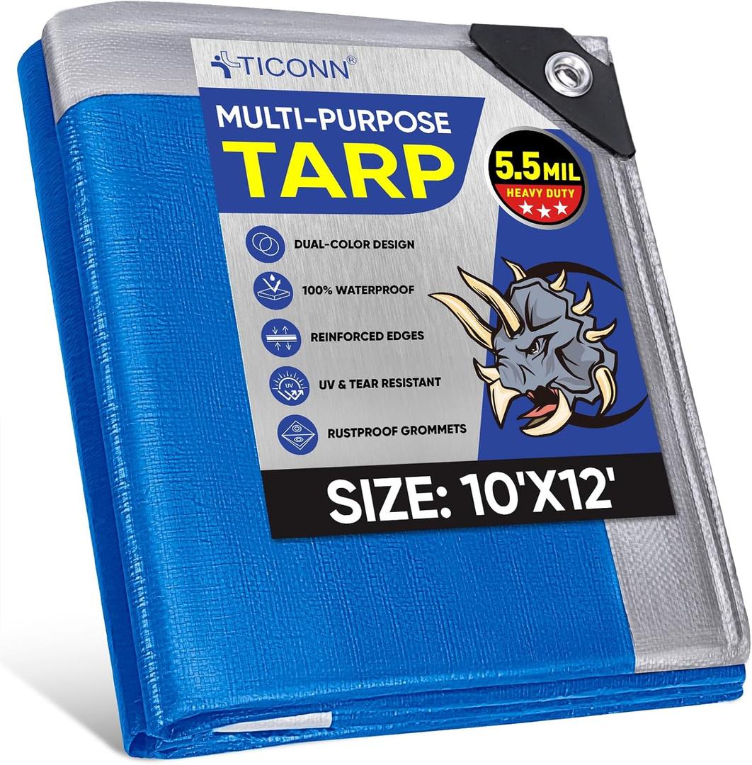 TICONN Heavy Duty Tarp Cover, Extra Thick Tarps Waterproof Tear and Rip Proof UV Resistant Tarpaulin with Reinforced Grommets and Edges (5.5 Mil, 10'x12')