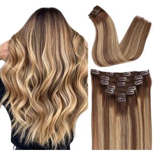 ORIGEN Clip in Hair Extensions Real Remy Human Hair Chocolate Brown to Caramel Blonde Highlights Straight Hair for Women 7pcs 120g 16 Inches ((4/27)/4)
