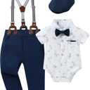 CARETOO Baby Boy Clothes Suit Infant Gentleman Boy Outfits Dress Shirt/Bowtie/Suspender Pants Set 12-18 Months (Navy Blue)