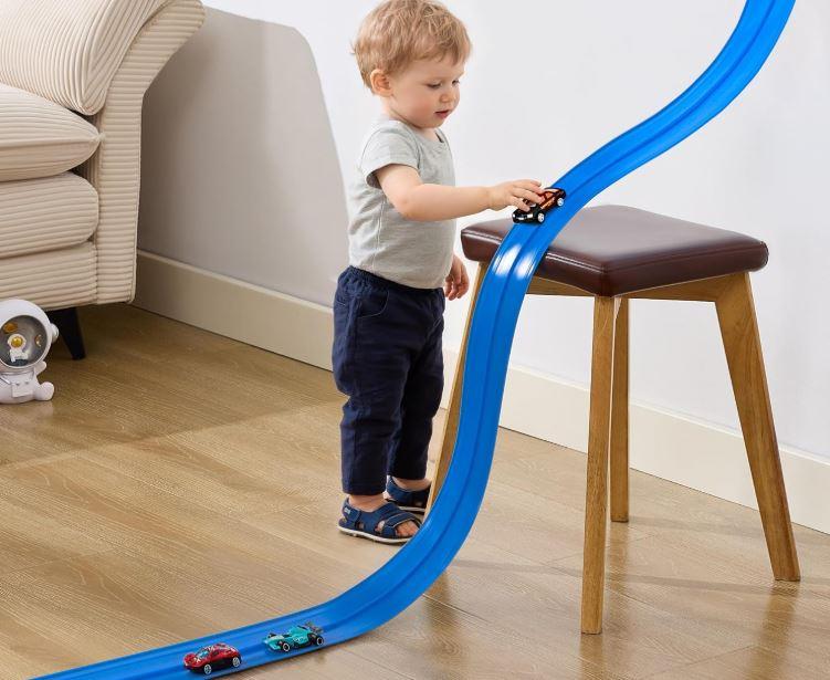 Nigwet Flexible Race Track for Kids - 15 Ft Flex Track Race Car Tracks with Car Ramp Toy, Fit for Monster Truck Track & Kids' Play Cars, Race Tracks for Toddlers 3+, Gifts for Boys Girls (Dark Blue)