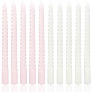10 Inch White and Pink Spiral Taper Candle Set, 10 Pack Unscented Dripless Candlesticks for Dinner Baby Shower Party Brithday Wedding and Home Decoration